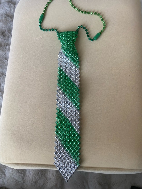 Other - Beaded Diagonal Stripe Necklace Tie - Green & Silver